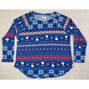 Owl Holiday Christmas Sweater Women's XL Stretch Blue Lightweight Snowflakes